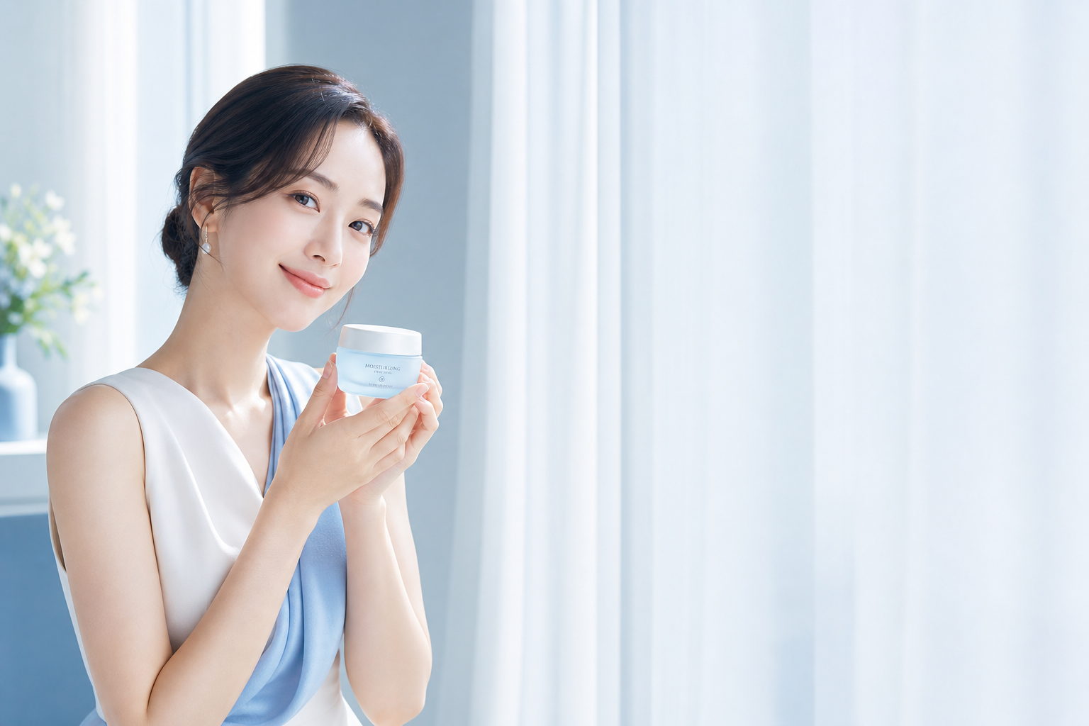 Mujer serena sosteniendo la crema CÉLESTE junto a una ventana luminosa